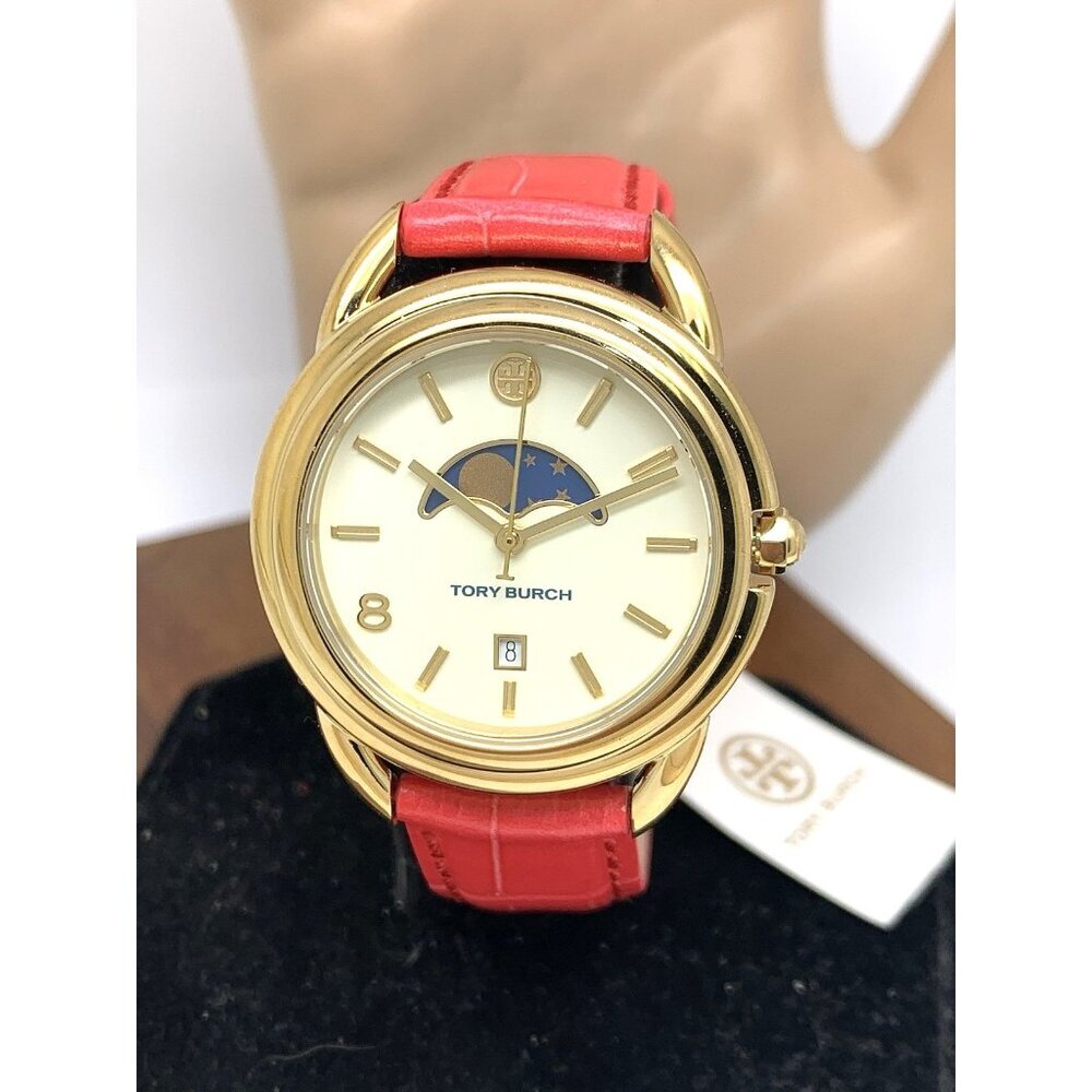 Tory Burch Women's Watch TBW7228 Quartz Moon Phase Gold Pink Leather Band 34mm